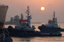 View of NSW tugboats in process of vessel escorting at Ras Laffan Port