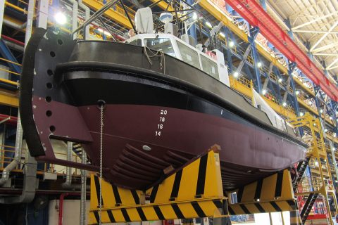 Newbuild tugboat inside the NDSQ construction workshop